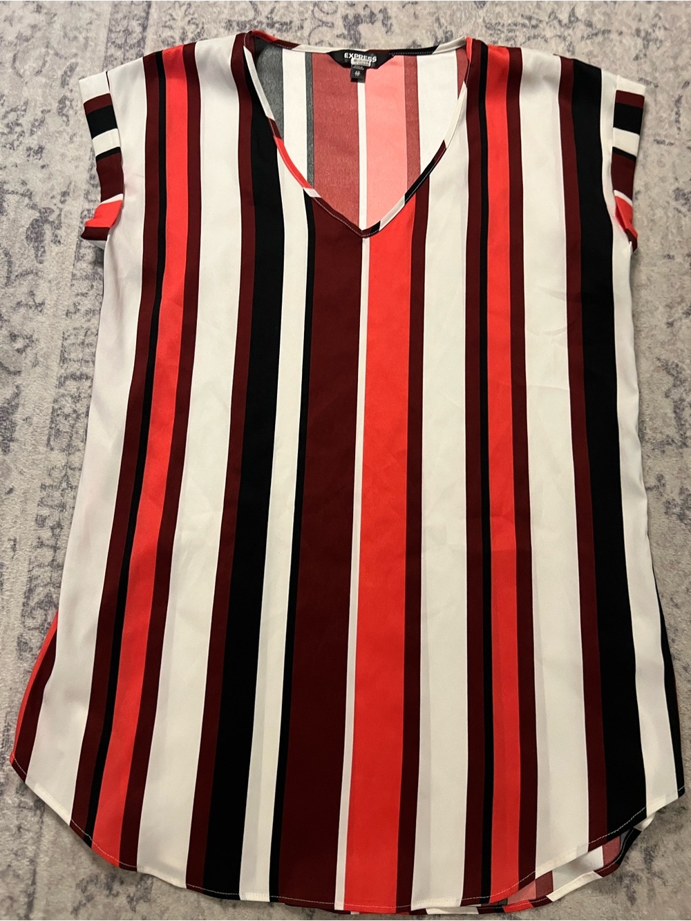 Express Women’s Red Multi-Stripe V-Neck Blouse